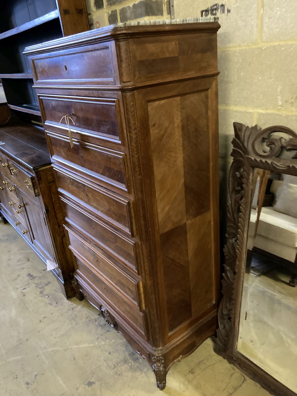 An early 20th century Louis XV semanier chest (marble a.f.), width 80cm, depth 41cm, height 46cm